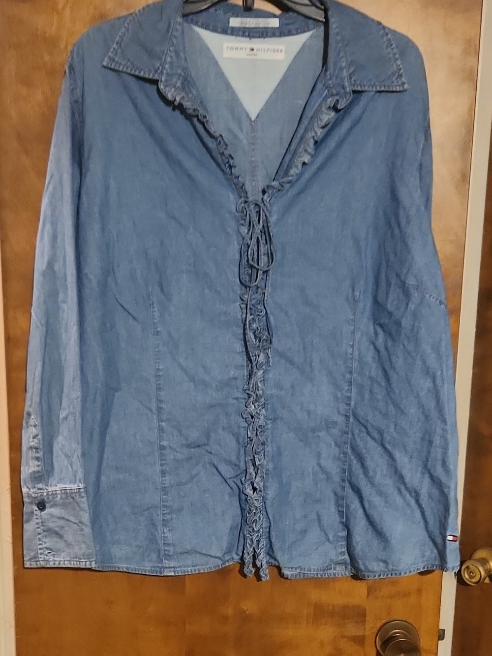 Tommy Hilfiger Light Blue Denim Ruffle Shirt with Navy & Red Logo